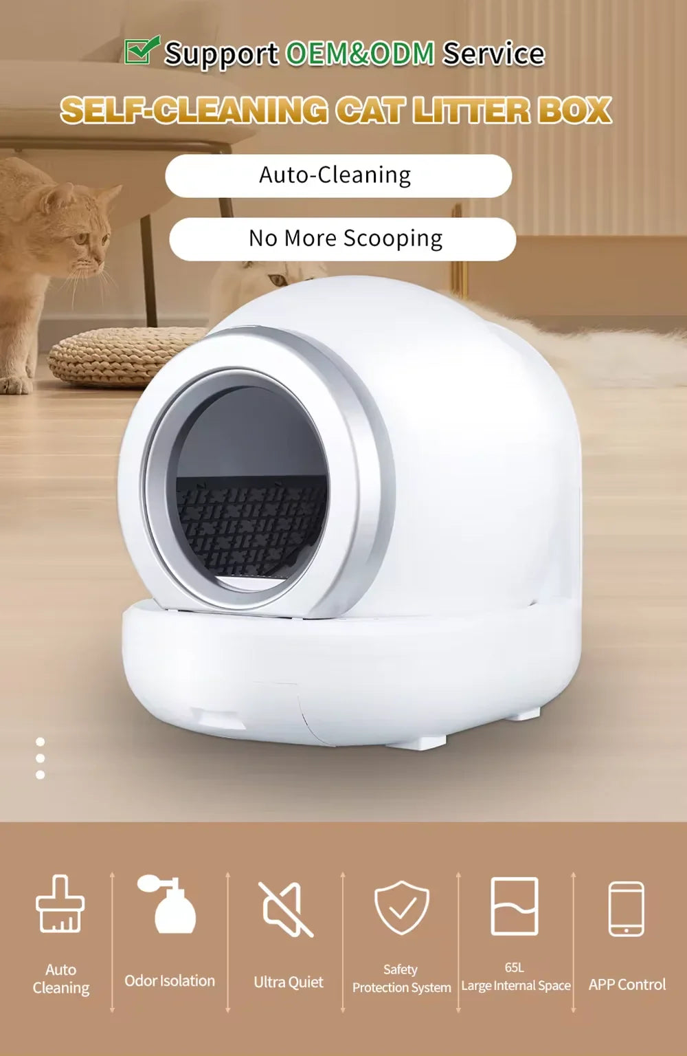 KTX-498515 Eco-Friendly Full-Automatic Cat Litter Box with 65L Capacity and Intelligent One-Button Shoveling Design