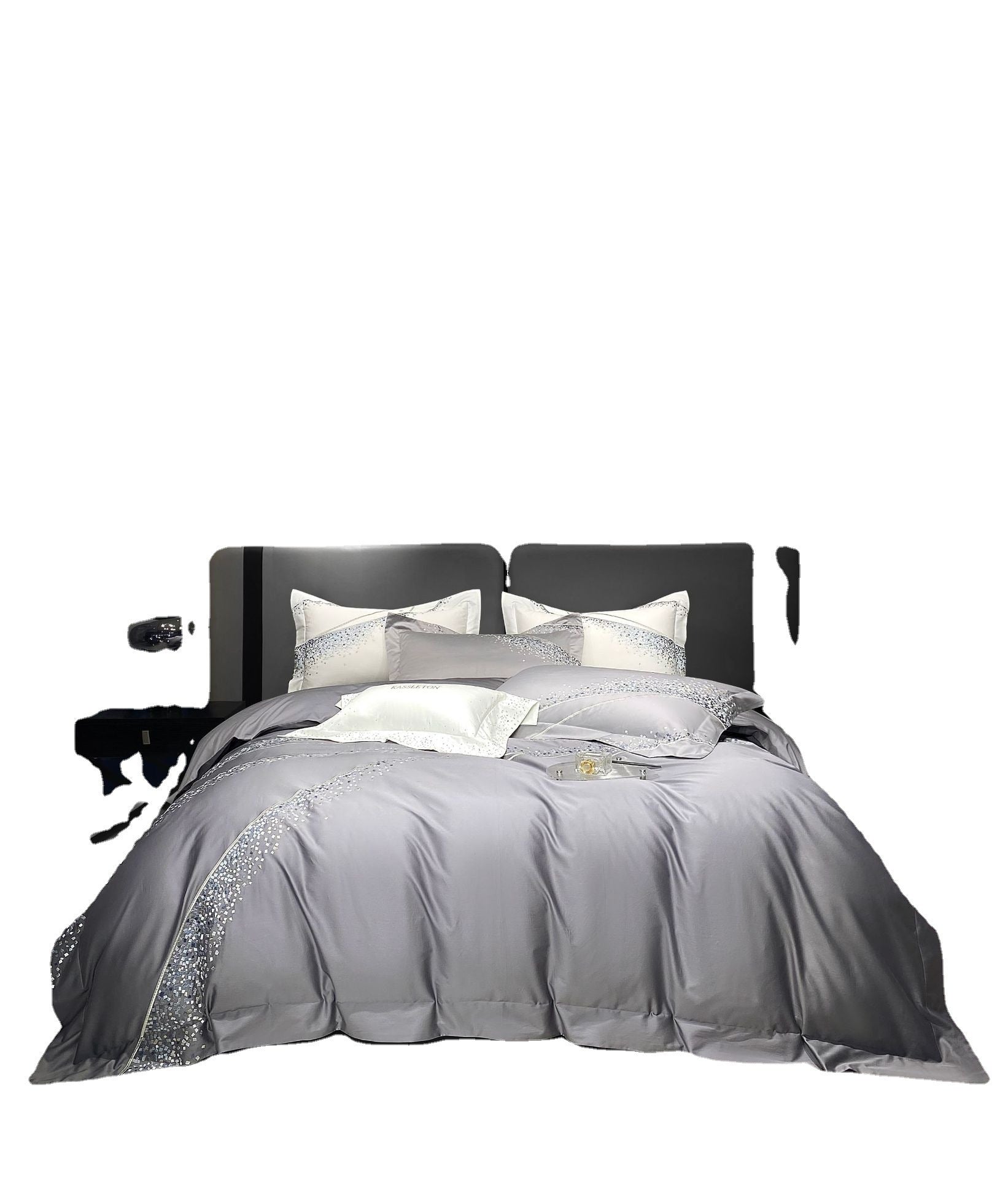 KTX-501843 Long-Staple Cotton Four-Piece Bedding Set with Embroidered Quilt Cover and Solid Color Design