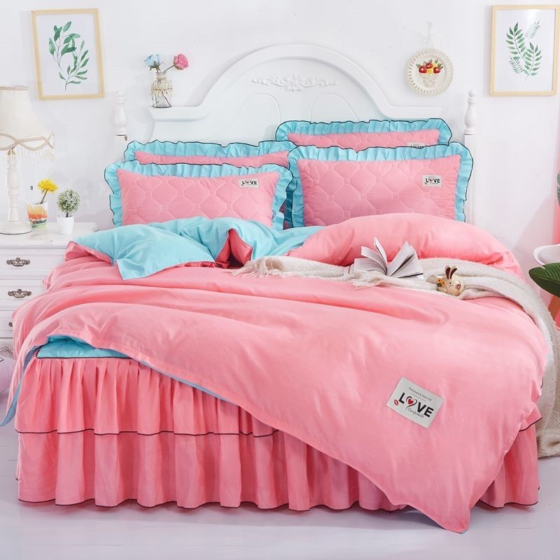 KTX-502995 Quilted Bed Skirt and Bedspread Set with Flower Patterns in Multiple Colors