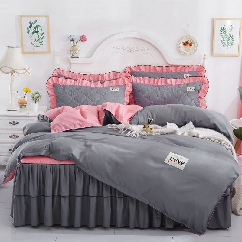 KTX-502995 Quilted Bed Skirt and Bedspread Set with Flower Patterns in Multiple Colors