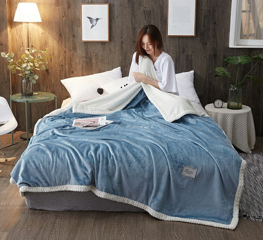 KTX-503827 Sky Blue Double Layer Thickened Coral Pile Wool and Cashmere Blanket for Winter (200-220cm Bed Size)