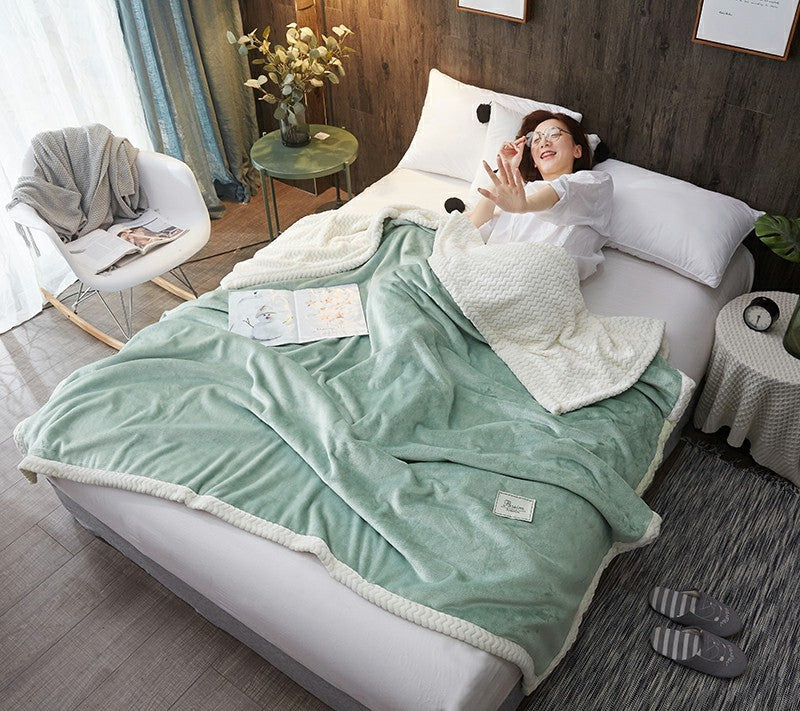 KTX-503827 Sky Blue Double Layer Thickened Coral Pile Wool and Cashmere Blanket for Winter (200-220cm Bed Size)