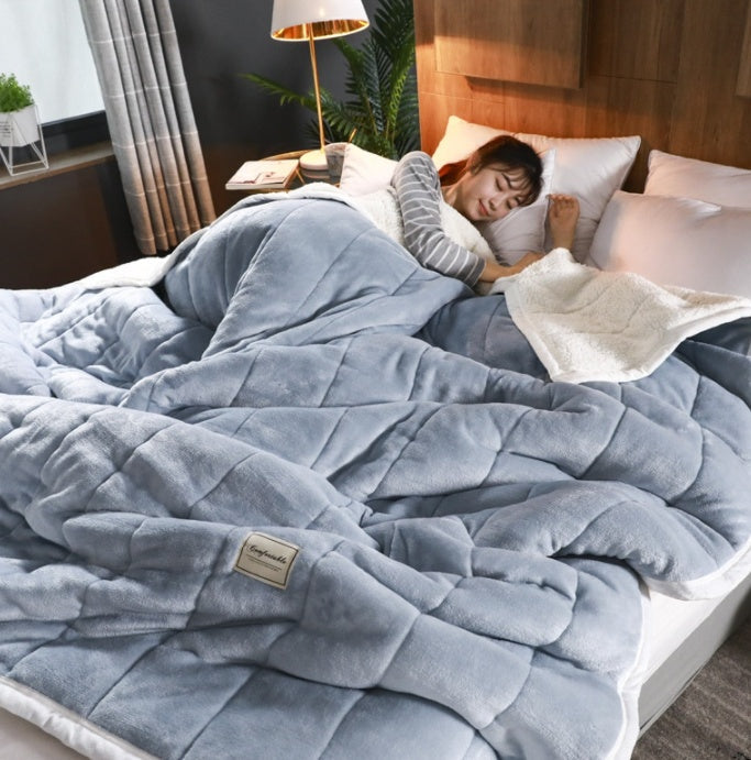 KTX-503827 Sky Blue Double Layer Thickened Coral Pile Wool and Cashmere Blanket for Winter (200-220cm Bed Size)