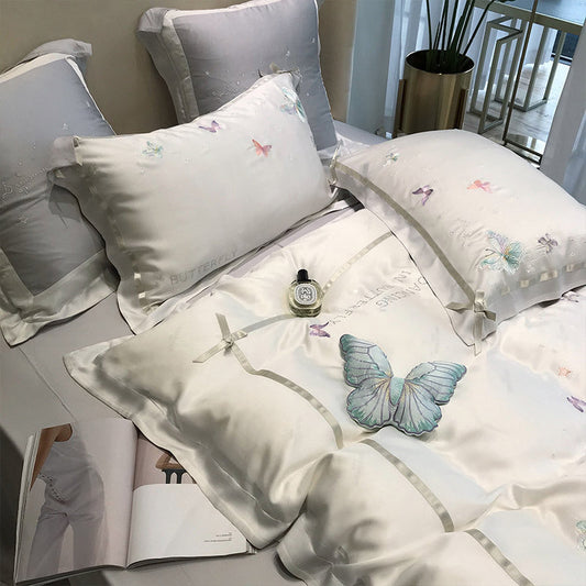 KTX-504659 Embroidered Tencel Quilt Cover Set with Heart and Butterfly Design - Multiple Piece Options Available