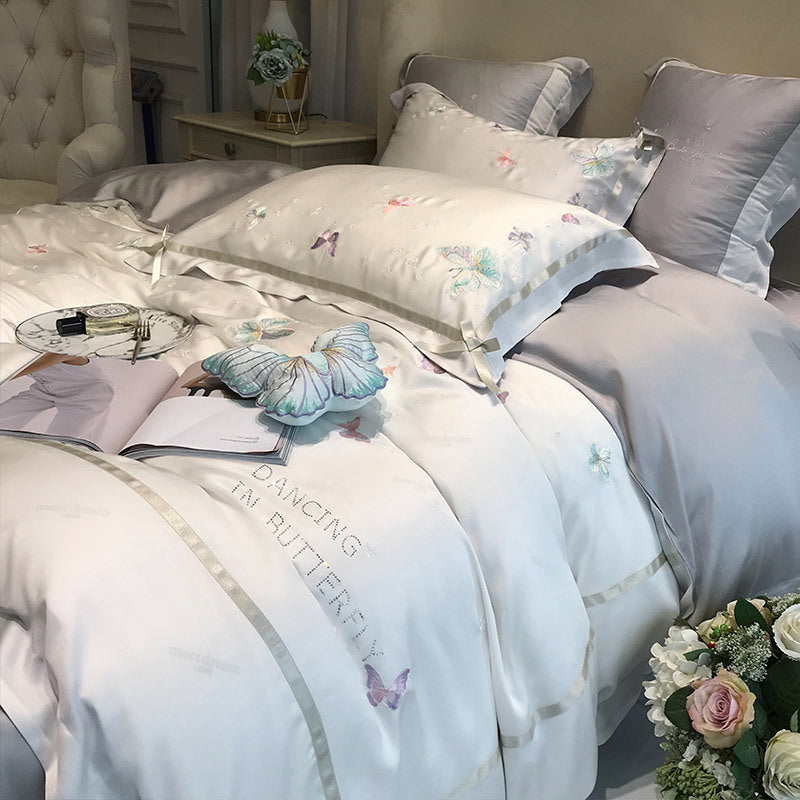 KTX-504659 Embroidered Tencel Quilt Cover Set with Heart and Butterfly Design - Multiple Piece Options Available
