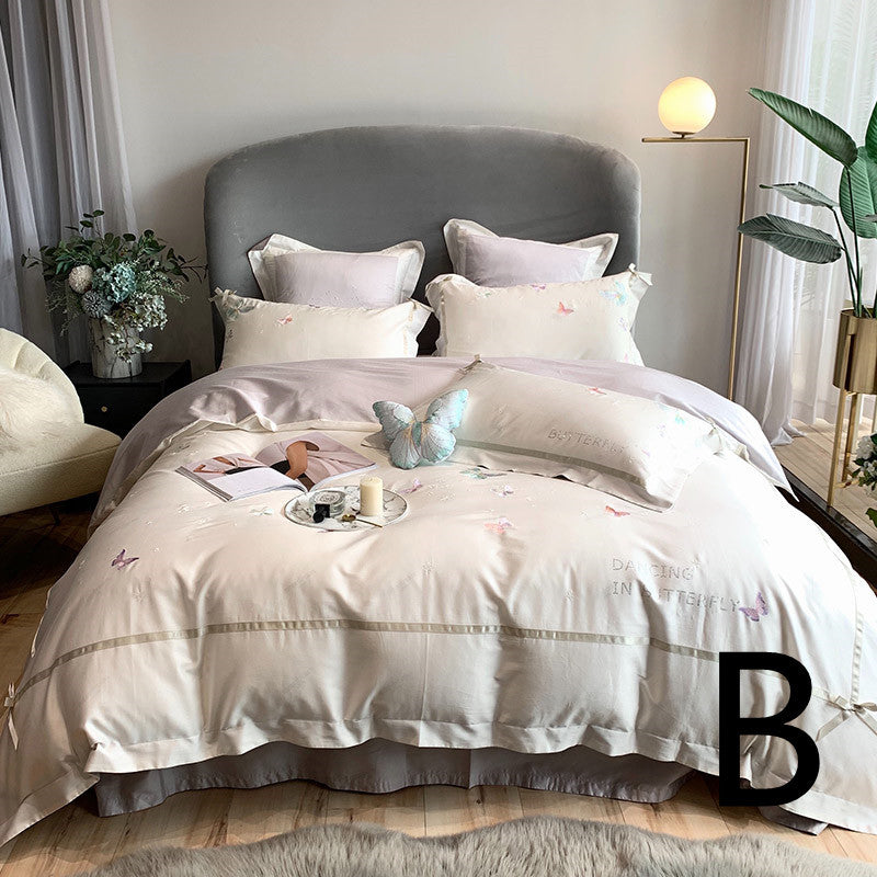 KTX-504659 Embroidered Tencel Quilt Cover Set with Heart and Butterfly Design - Multiple Piece Options Available