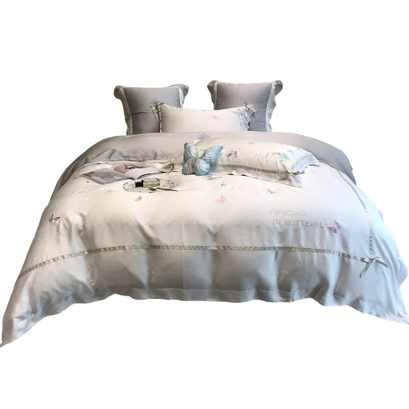 KTX-504659 Embroidered Tencel Quilt Cover Set with Heart and Butterfly Design - Multiple Piece Options Available