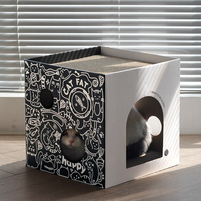 KTX-506259 Double-Layer Simple Vertical Cat Villa in White and Green Graffiti Corrugated Paper, 32x32x32cm and 43x30x30cm