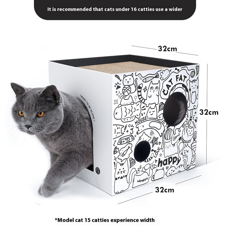 KTX-506259 Double-Layer Simple Vertical Cat Villa in White and Green Graffiti Corrugated Paper, 32x32x32cm and 43x30x30cm