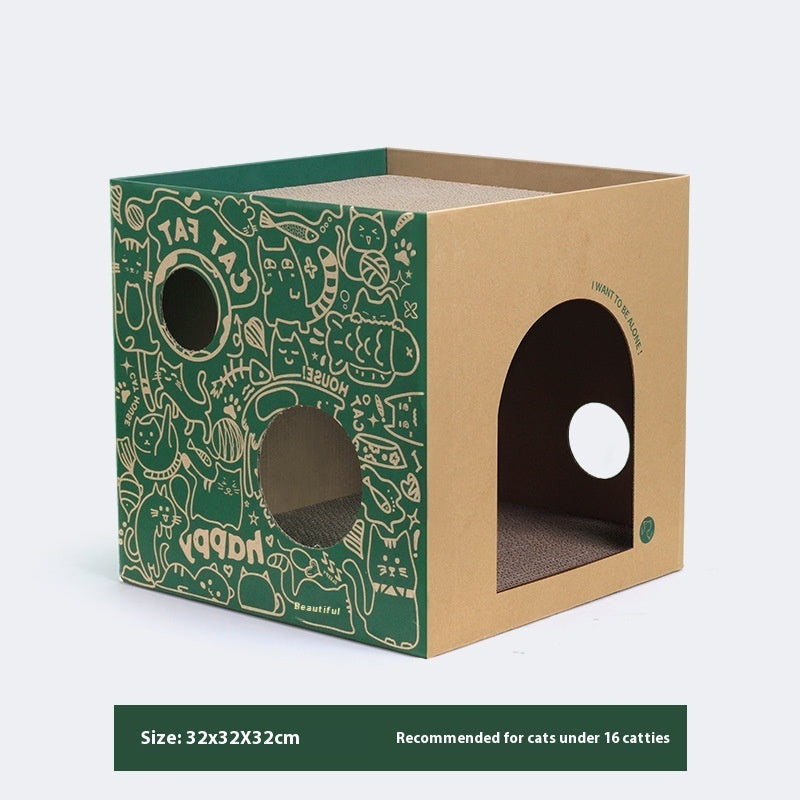 KTX-506259 Double-Layer Simple Vertical Cat Villa in White and Green Graffiti Corrugated Paper, 32x32x32cm and 43x30x30cm