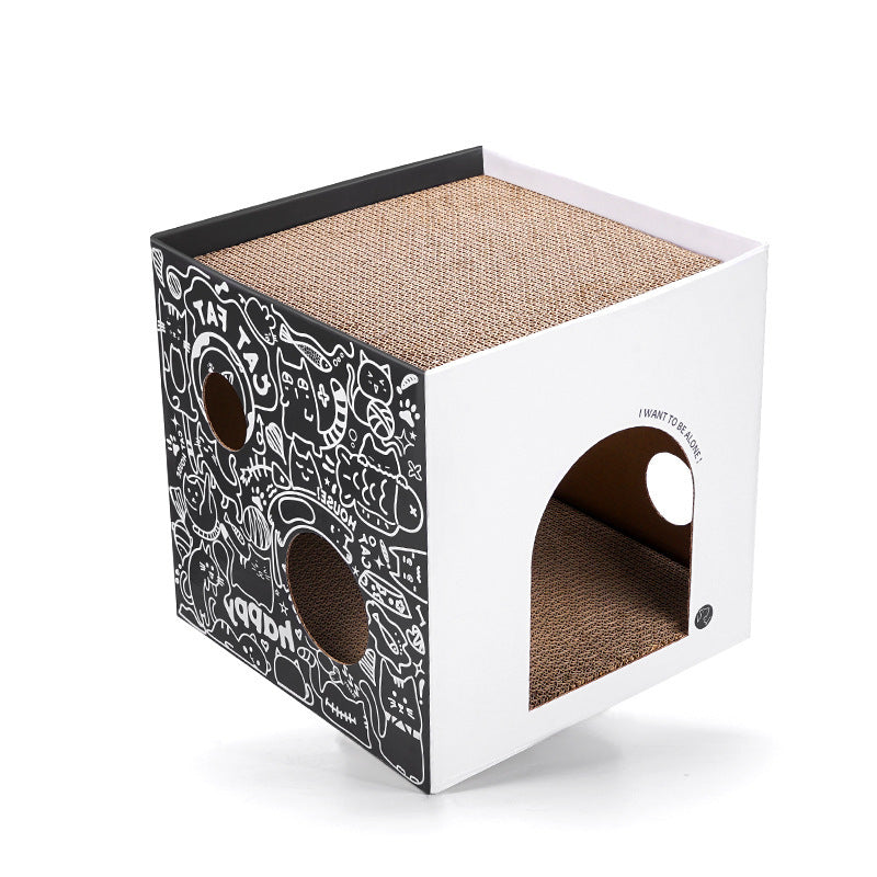KTX-506259 Double-Layer Simple Vertical Cat Villa in White and Green Graffiti Corrugated Paper, 32x32x32cm and 43x30x30cm