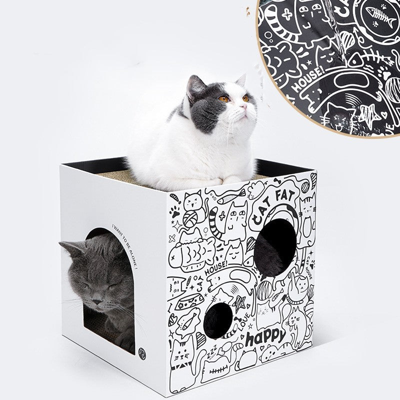 KTX-506259 Double-Layer Simple Vertical Cat Villa in White and Green Graffiti Corrugated Paper, 32x32x32cm and 43x30x30cm
