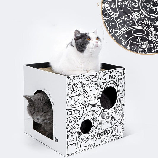 KTX-506259 Double-Layer Simple Vertical Cat Villa in White and Green Graffiti Corrugated Paper, 32x32x32cm and 43x30x30cm