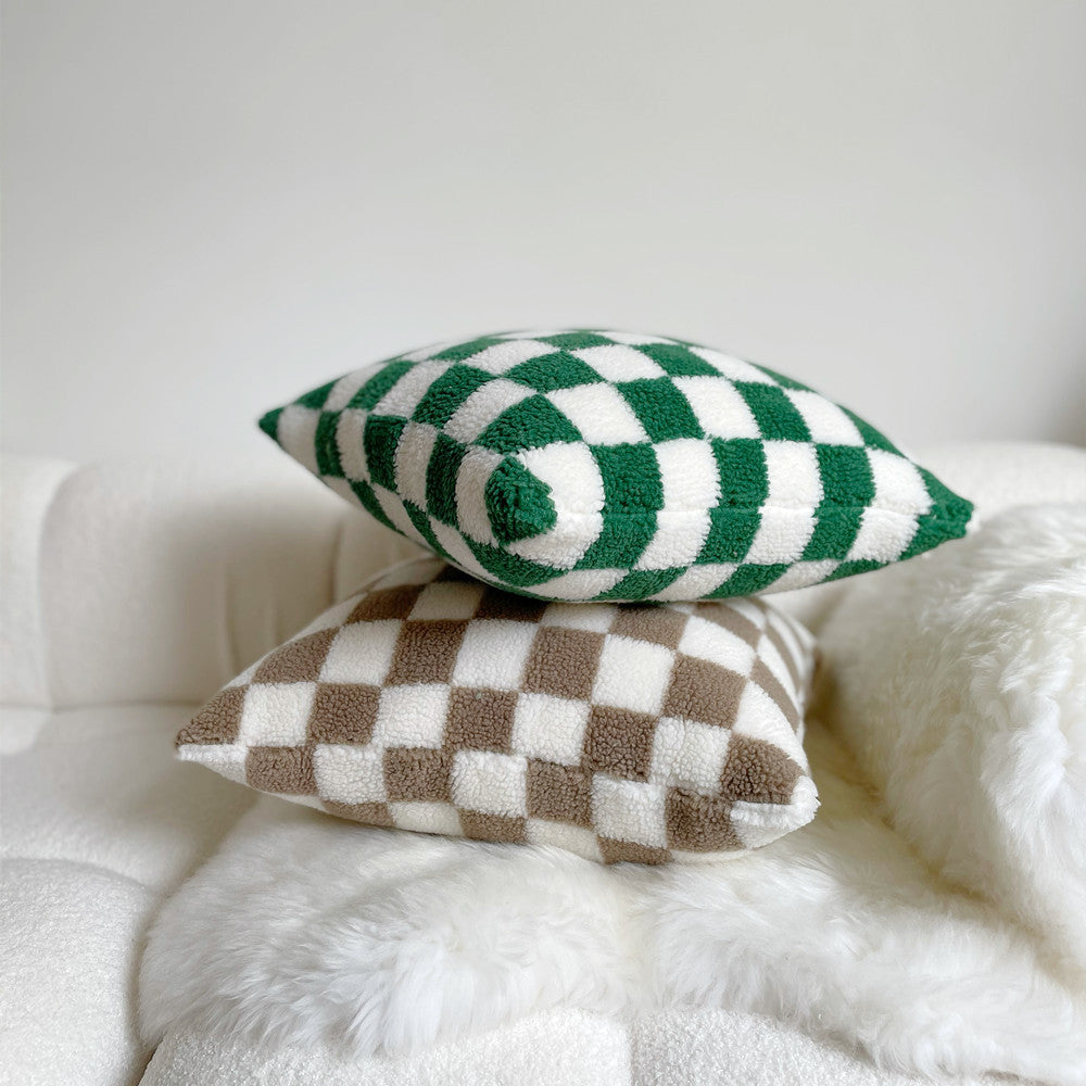KTX-507283 Double-Sided Checkerboard Pillowcase in Green and Coffee for Living Room or Bedroom