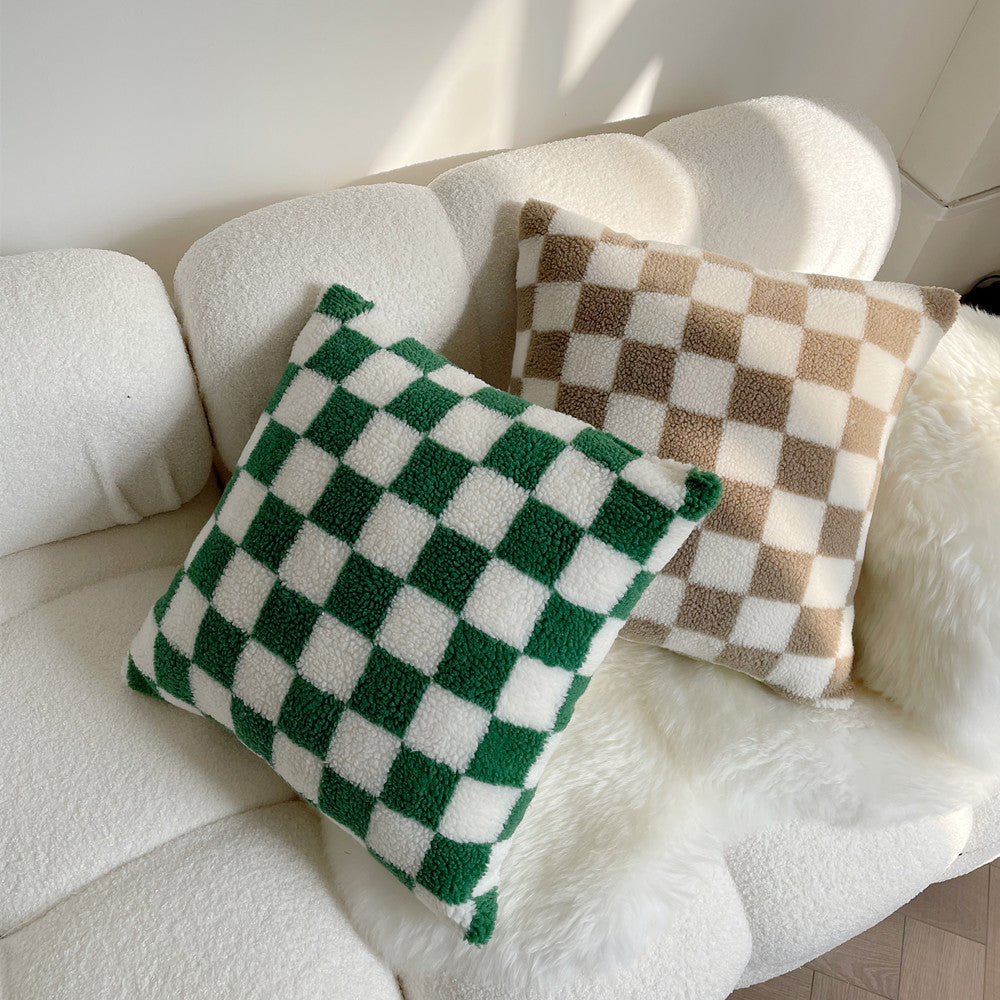 KTX-507283 Double-Sided Checkerboard Pillowcase in Green and Coffee for Living Room or Bedroom