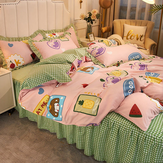 KTX-509267 Korean Style Cotton Floral Double Lace Bed Sheet Set - 4 Pieces