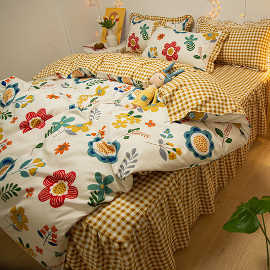 KTX-509267 Korean Style Cotton Floral Double Lace Bed Sheet Set - 4 Pieces