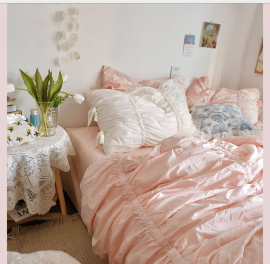 KTX-510739 Korean Style Cotton Bed Skirt and Pillowcase Set - Plain Cherry Blossom Design for 1.5m, 1.8m, 2.0m Beds