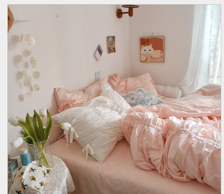 KTX-510739 Korean Style Cotton Bed Skirt and Pillowcase Set - Plain Cherry Blossom Design for 1.5m, 1.8m, 2.0m Beds