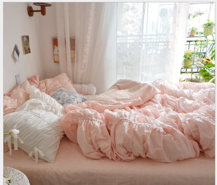 KTX-510739 Korean Style Cotton Bed Skirt and Pillowcase Set - Plain Cherry Blossom Design for 1.5m, 1.8m, 2.0m Beds