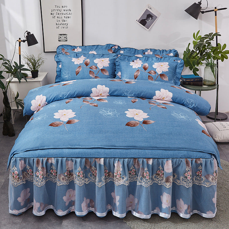 KTX-511571 Lace Bed Skirt Set - Four-Piece Non-Slip Bedspread in Plant Cashmere Fabric
