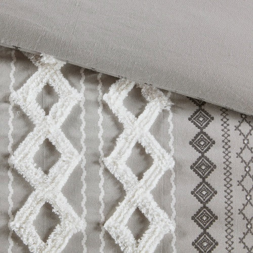 KTX-512723 Full Queen Cotton Printed Duvet Cover Set with Chenille, Multicolor Geometric Design, Includes 2 Shams, Machine Washable