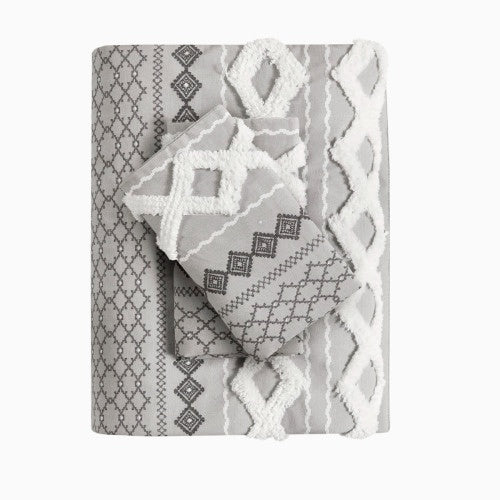 KTX-512723 Full Queen Cotton Printed Duvet Cover Set with Chenille, Multicolor Geometric Design, Includes 2 Shams, Machine Washable