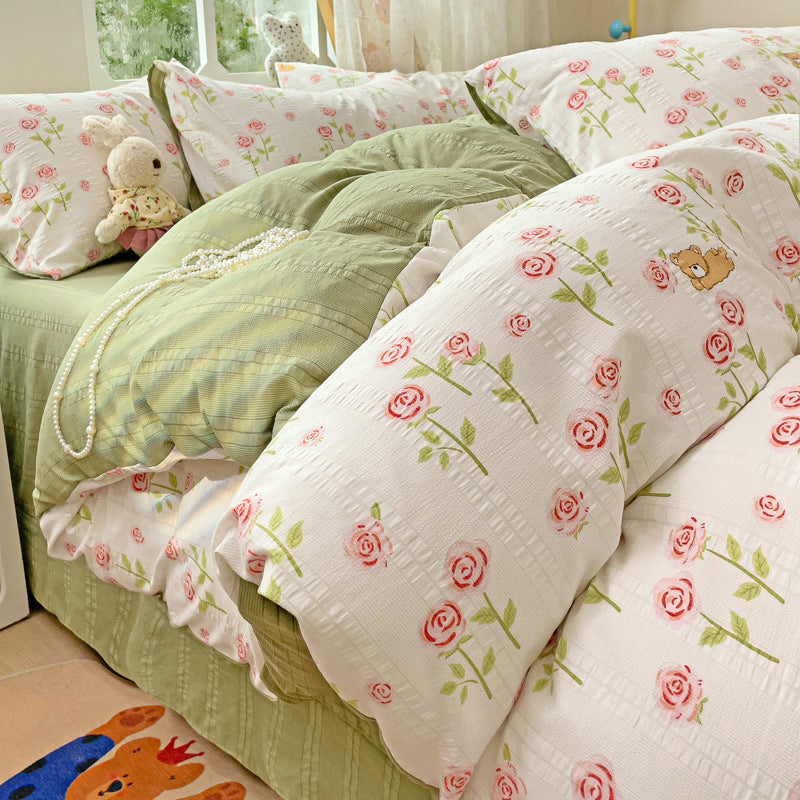KTX-513683 Cotton Four-Piece Bedding Set with Plant and Flower Patterns, Available in Multiple Sizes