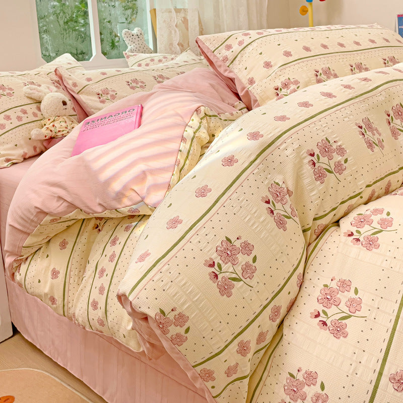 KTX-513683 Cotton Four-Piece Bedding Set with Plant and Flower Patterns, Available in Multiple Sizes