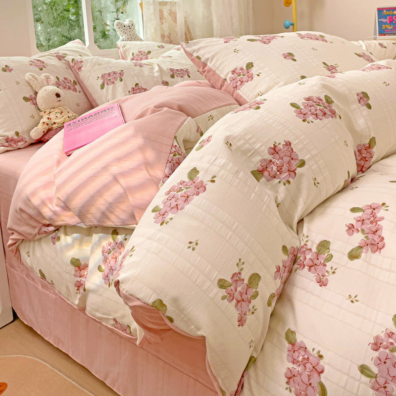 KTX-513683 Cotton Four-Piece Bedding Set with Plant and Flower Patterns, Available in Multiple Sizes