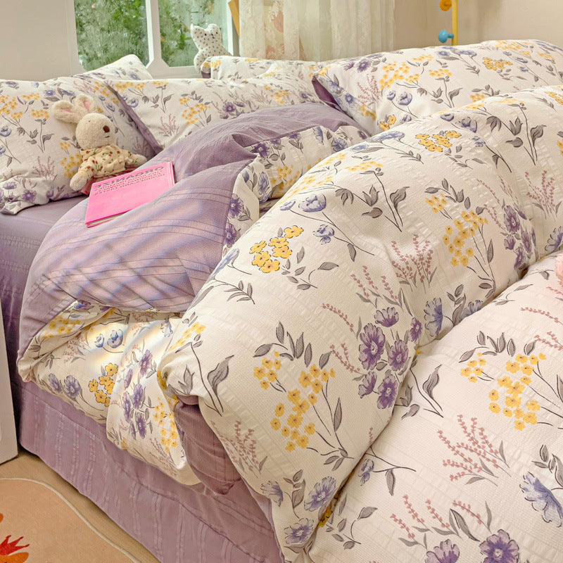 KTX-513683 Cotton Four-Piece Bedding Set with Plant and Flower Patterns, Available in Multiple Sizes