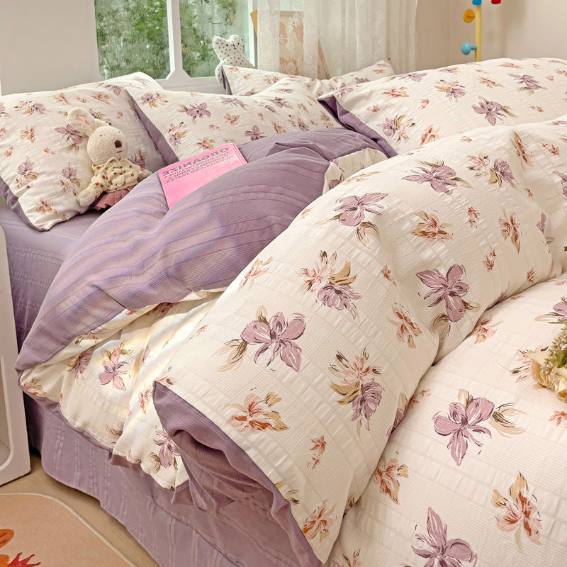 KTX-513683 Cotton Four-Piece Bedding Set with Plant and Flower Patterns, Available in Multiple Sizes
