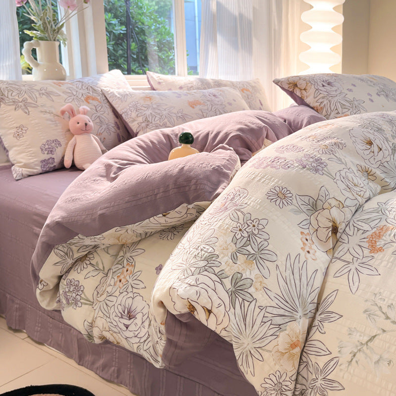KTX-513683 Cotton Four-Piece Bedding Set with Plant and Flower Patterns, Available in Multiple Sizes