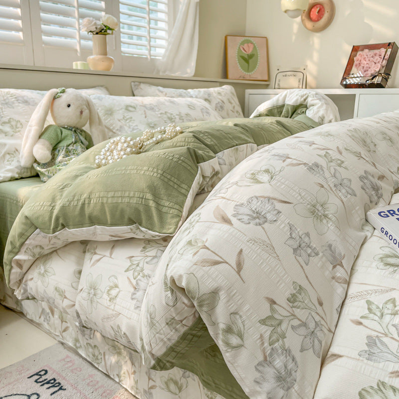 KTX-513683 Cotton Four-Piece Bedding Set with Plant and Flower Patterns, Available in Multiple Sizes
