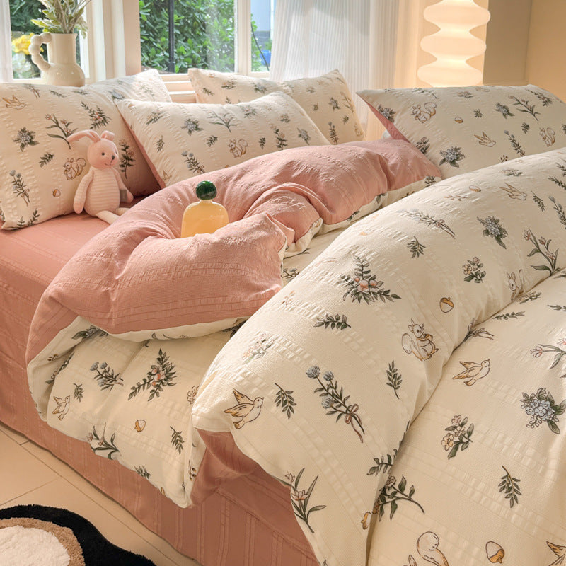 KTX-513683 Cotton Four-Piece Bedding Set with Plant and Flower Patterns, Available in Multiple Sizes