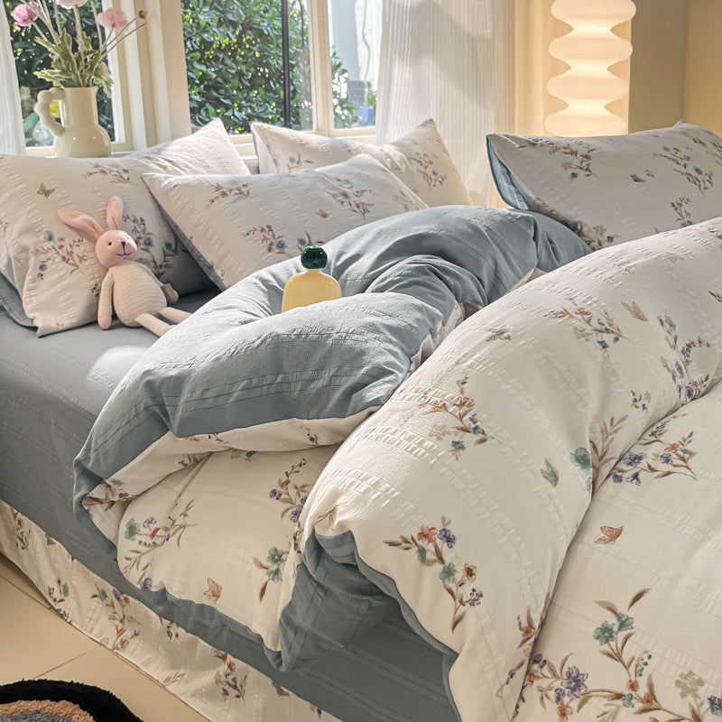 KTX-513683 Cotton Four-Piece Bedding Set with Plant and Flower Patterns, Available in Multiple Sizes