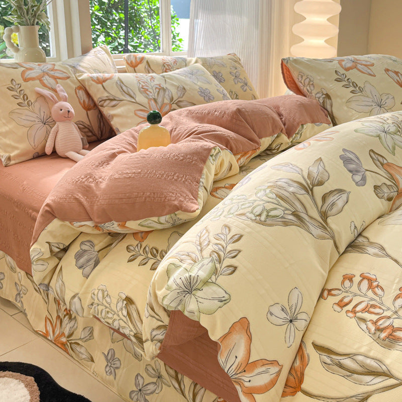 KTX-513683 Cotton Four-Piece Bedding Set with Plant and Flower Patterns, Available in Multiple Sizes