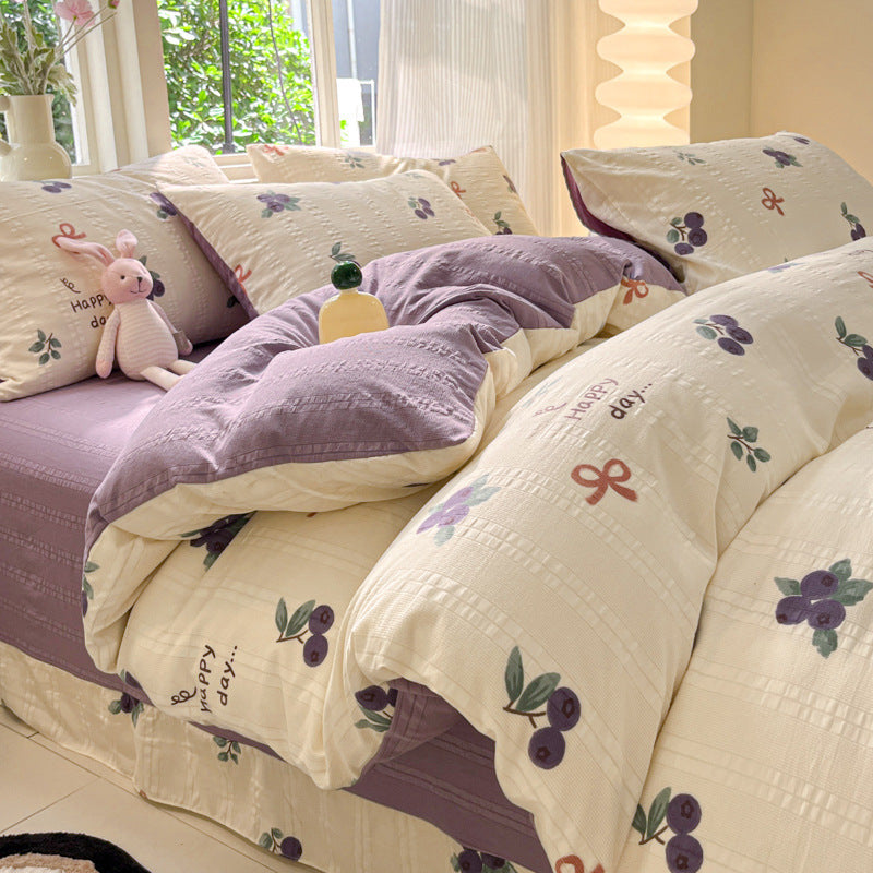 KTX-513683 Cotton Four-Piece Bedding Set with Plant and Flower Patterns, Available in Multiple Sizes