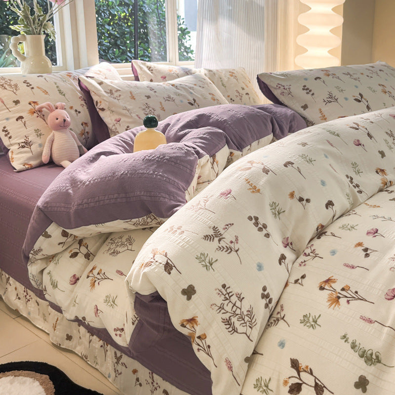 KTX-513683 Cotton Four-Piece Bedding Set with Plant and Flower Patterns, Available in Multiple Sizes
