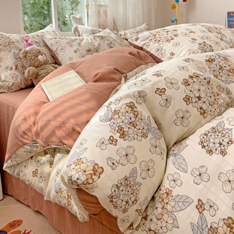 KTX-513683 Cotton Four-Piece Bedding Set with Plant and Flower Patterns, Available in Multiple Sizes