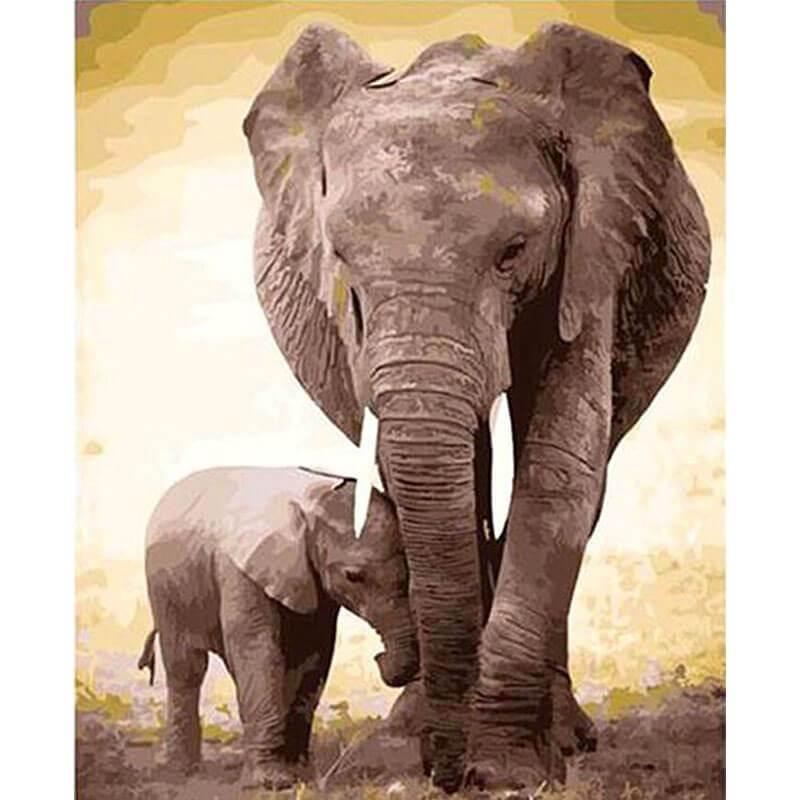 KTX-513811 Mom and Baby Elephant Digital Oil Painting on Linen – Romantic Animal Art