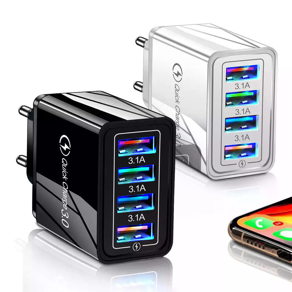 KTX-515091 Luminous 4USB Mobile Phone Charger with Indication Function, Compact Size for Euro and US/UK Use