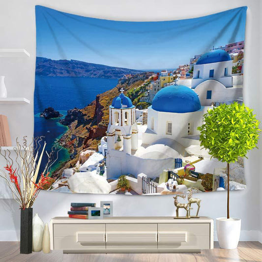 KTX-515731 Guia Village and Aegean Sea Summer Tapestry - Polyester Fiber, Machine Woven