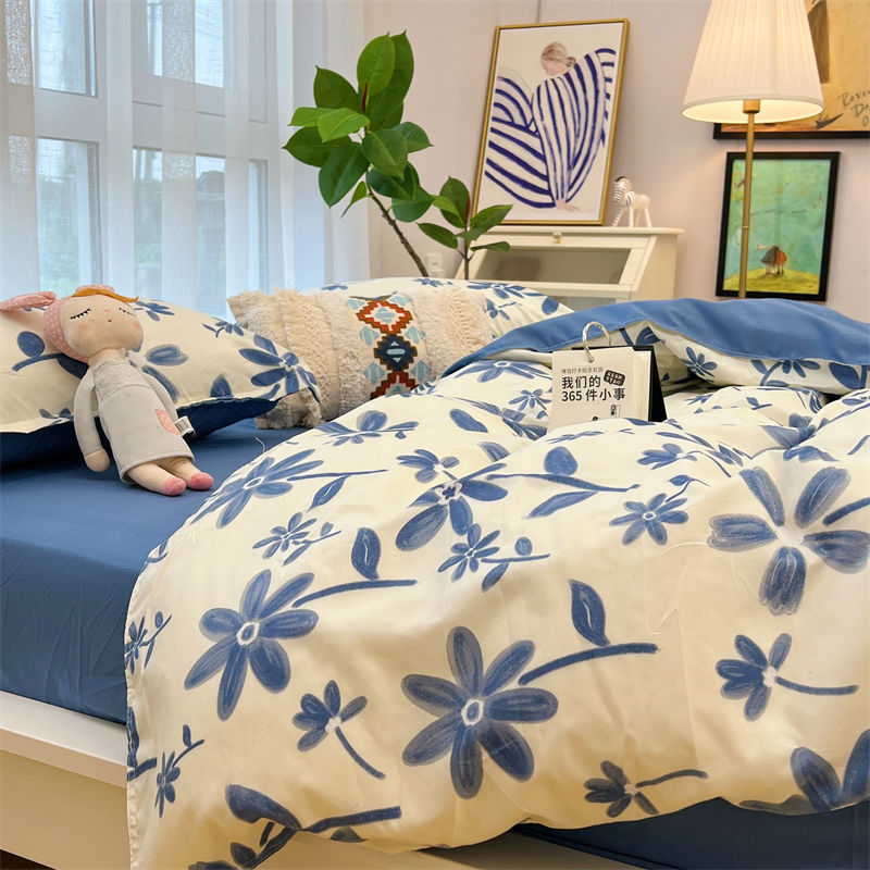 KTX-516179 Whimsical Cartoon Anime Washed Cotton Bed Sheet Quilt Cover Set - Four-Piece with Pillowcases