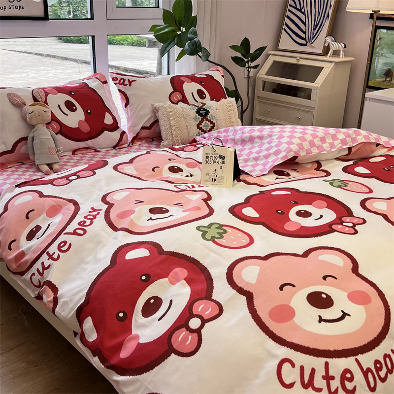 KTX-516179 Whimsical Cartoon Anime Washed Cotton Bed Sheet Quilt Cover Set - Four-Piece with Pillowcases