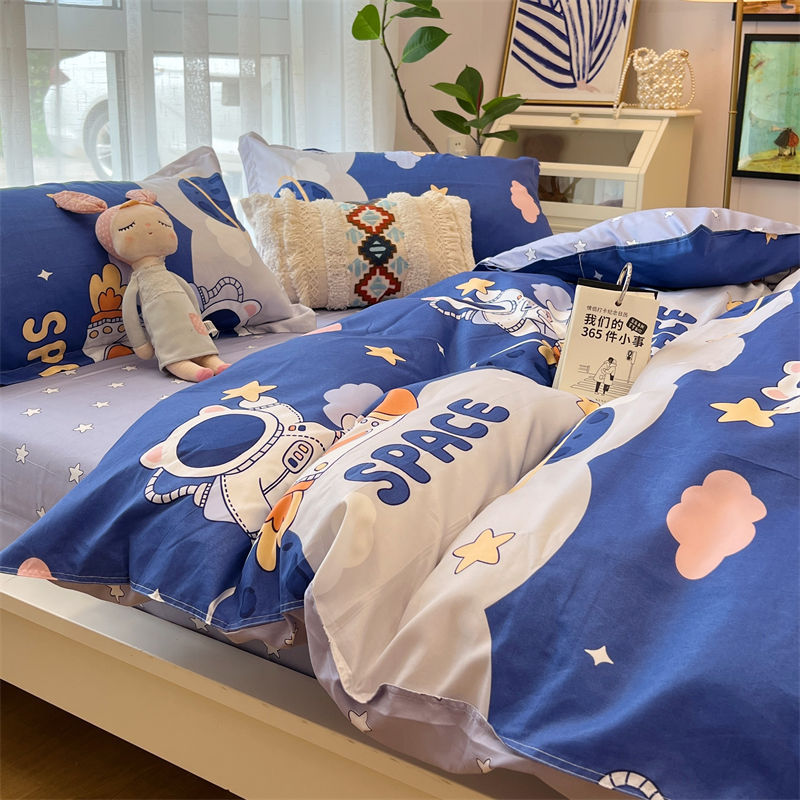 KTX-516179 Whimsical Cartoon Anime Washed Cotton Bed Sheet Quilt Cover Set - Four-Piece with Pillowcases