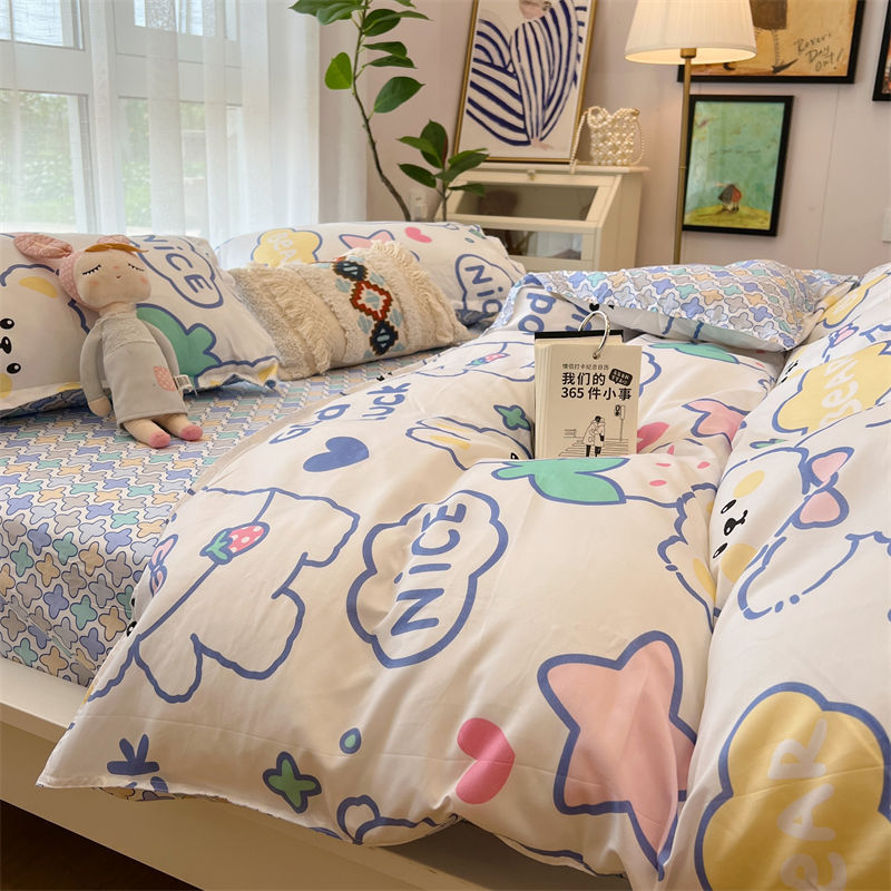 KTX-516179 Whimsical Cartoon Anime Washed Cotton Bed Sheet Quilt Cover Set - Four-Piece with Pillowcases