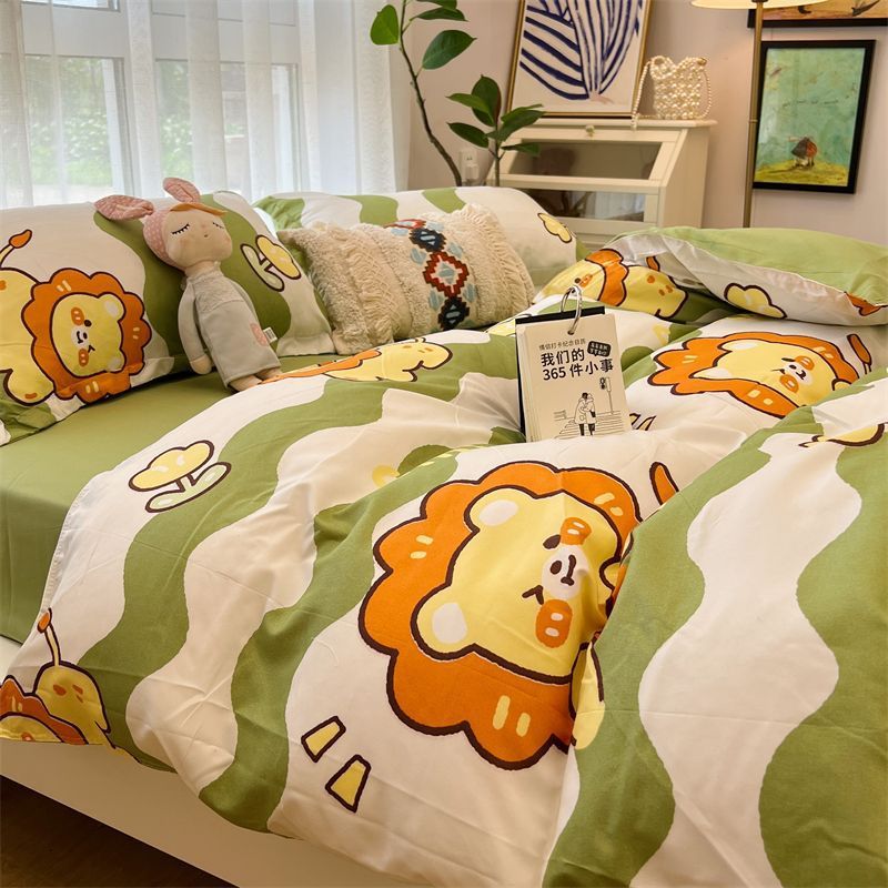 KTX-516179 Whimsical Cartoon Anime Washed Cotton Bed Sheet Quilt Cover Set - Four-Piece with Pillowcases