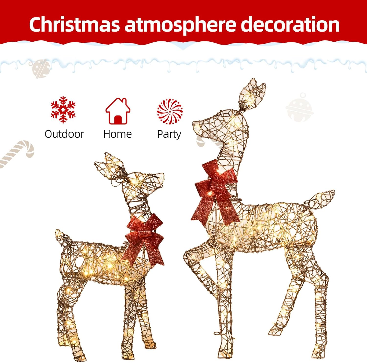 KTX-516371 Lighted 4ft Rattan Reindeer Family Set - 3-Piece Christmas Outdoor Decorations with 145 Warm White LEDs