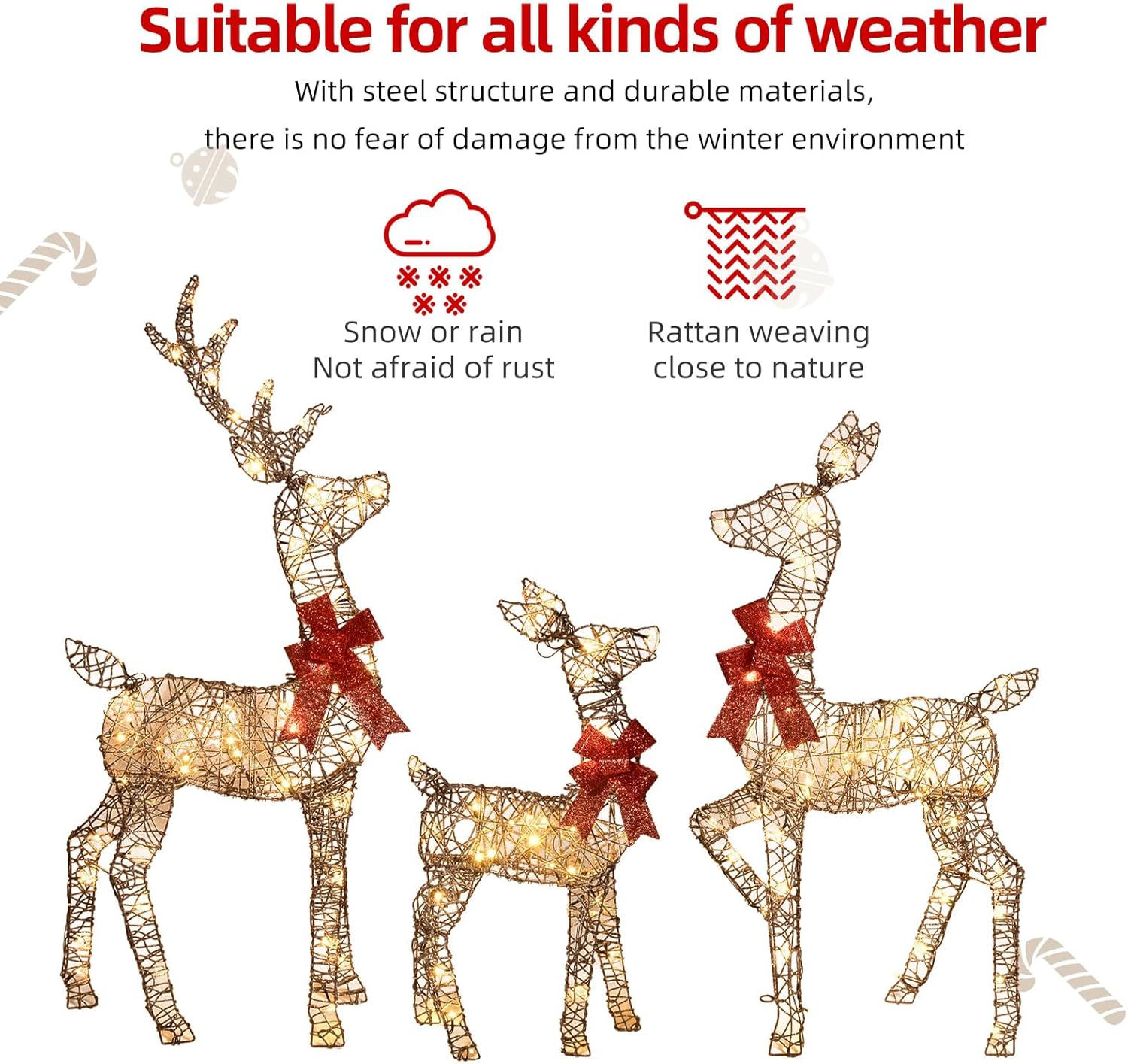 KTX-516371 Lighted 4ft Rattan Reindeer Family Set - 3-Piece Christmas Outdoor Decorations with 145 Warm White LEDs